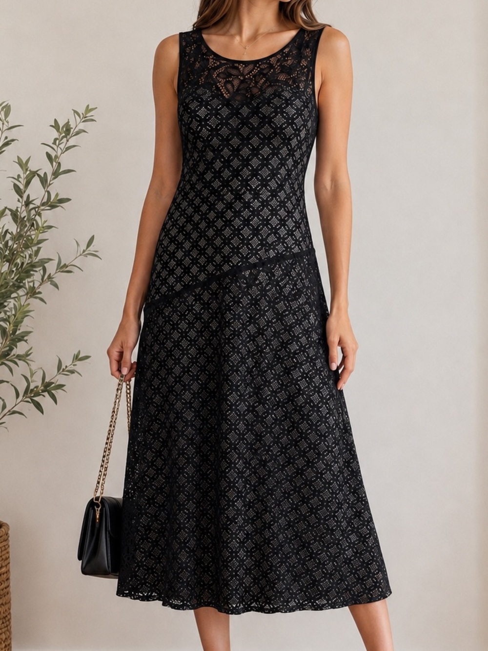 Sangria Black Lace Fit & Flare Midi Dress Size 12 Cocktail Wedding Guest